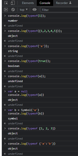 Console examples of typeof for numbers, arrays, strings, booleans, undefined, null, symbols, and objects