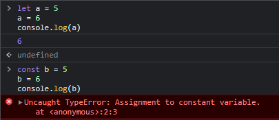 Reassigning let prints 6; reassigning const raises an assignment-to-constant error