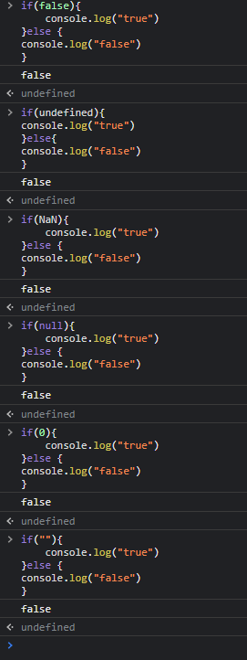 Console examples showing false, undefined, NaN, null, zero, and an empty string taking the else branch