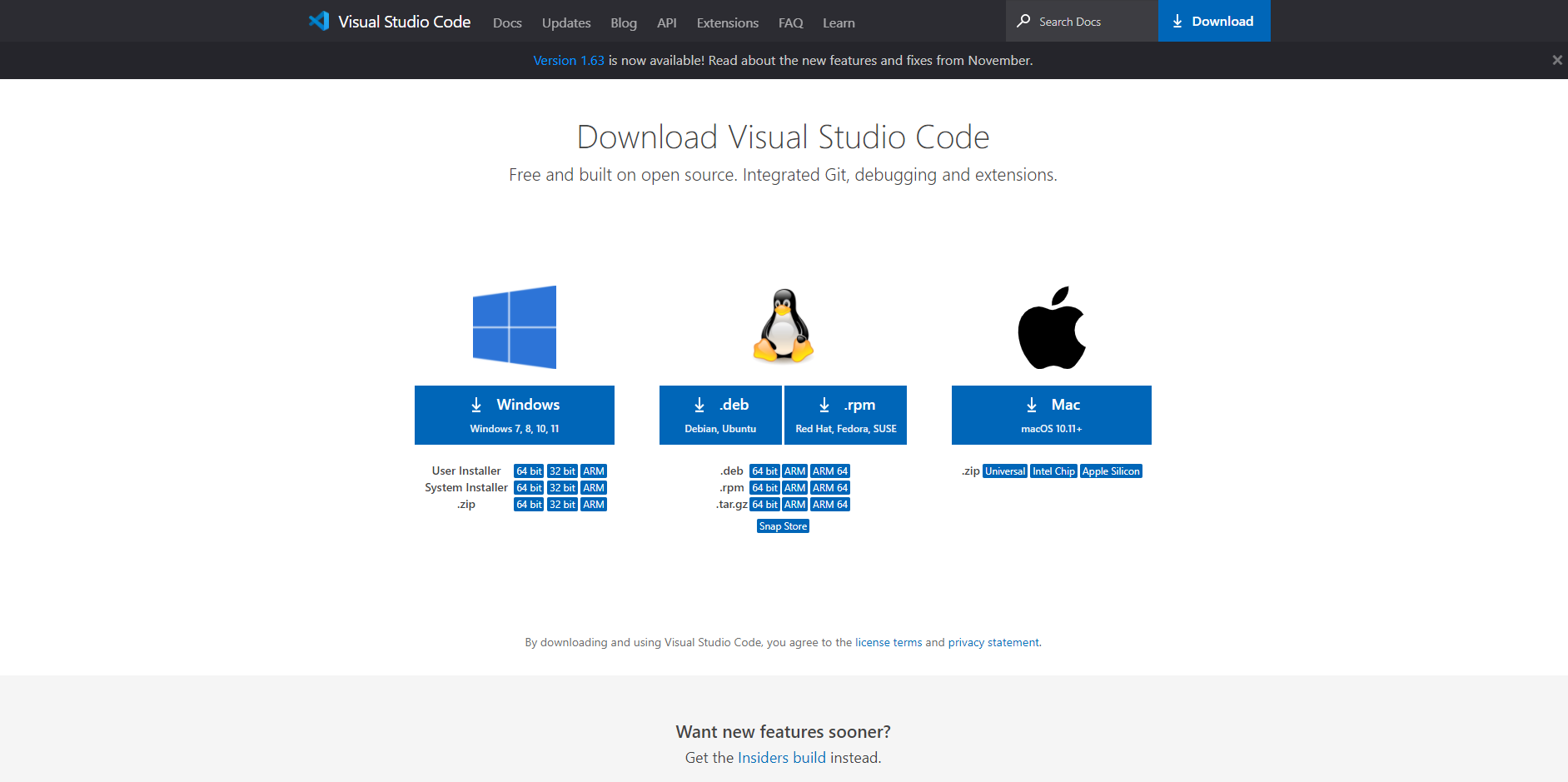 Visual Studio Code download choices for different operating systems