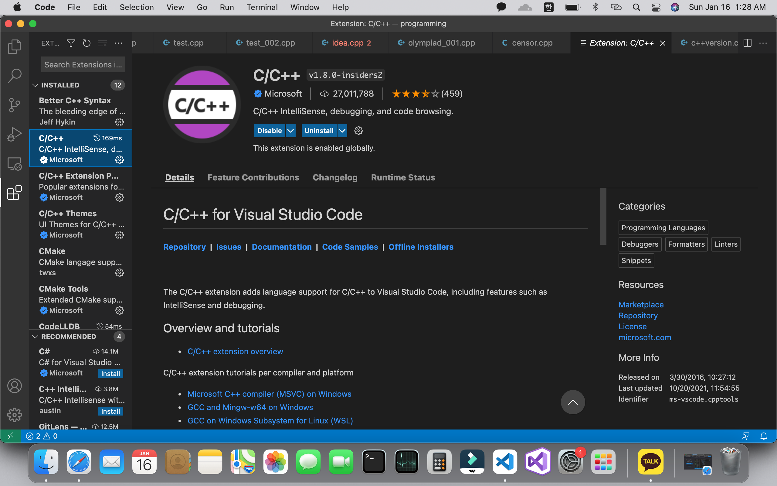 The C/C++ extension in Visual Studio Code