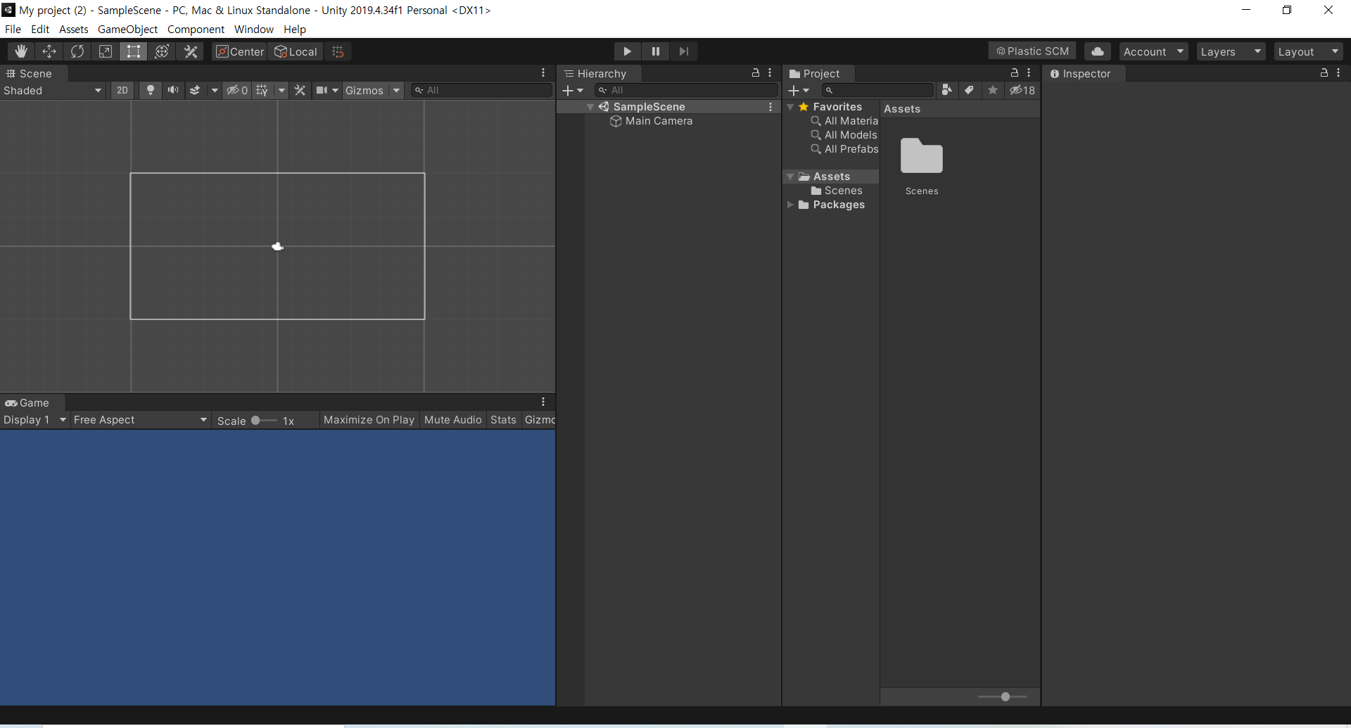 The Unity editor after opening a 2D project