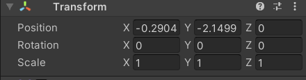 Transform component with position, rotation, and scale controls
