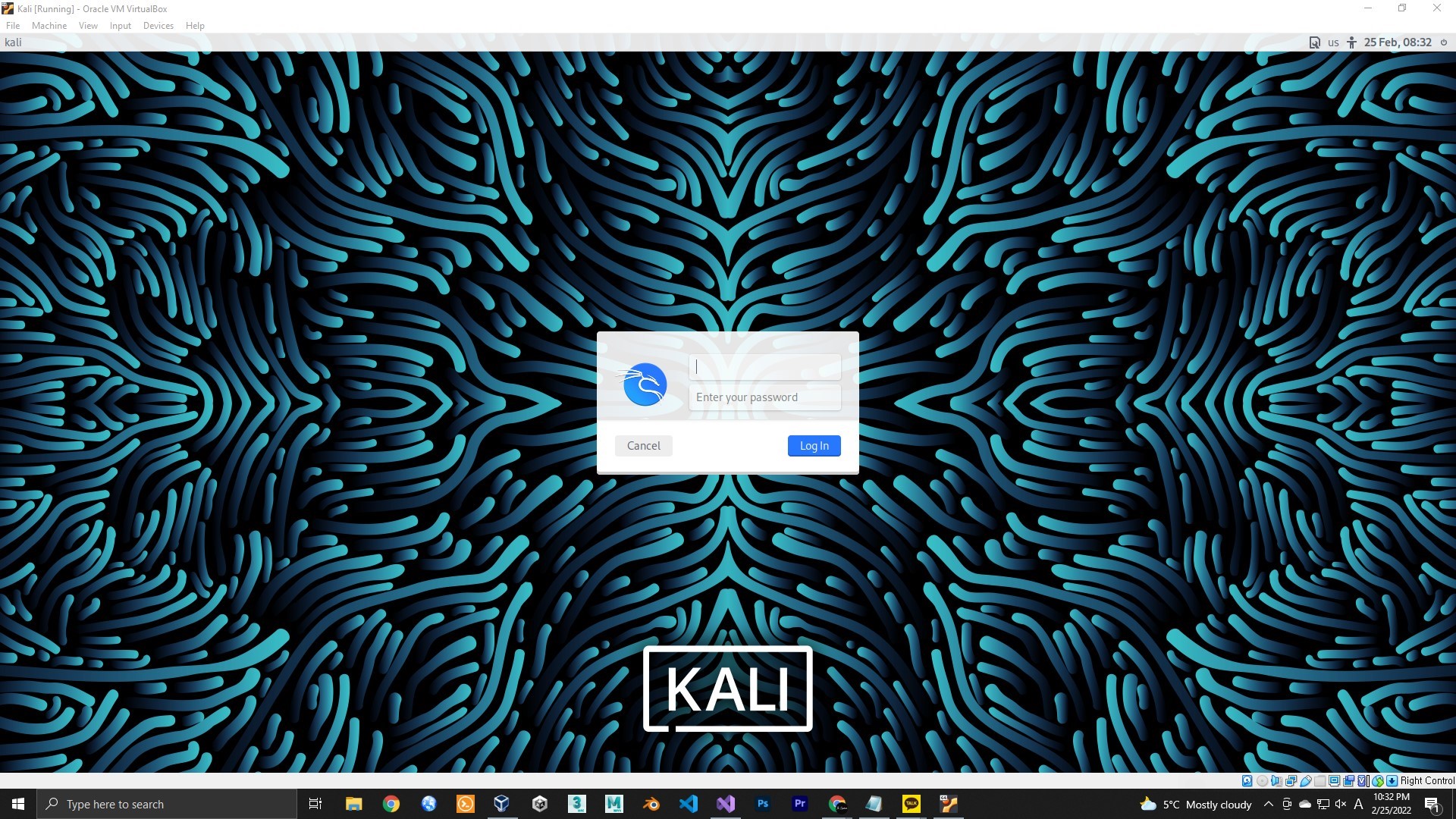 Kali Linux login screen in the original VirtualBox installation