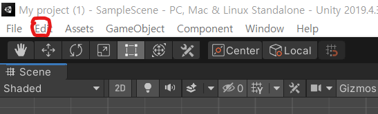 Unity editor with the Edit menu highlighted