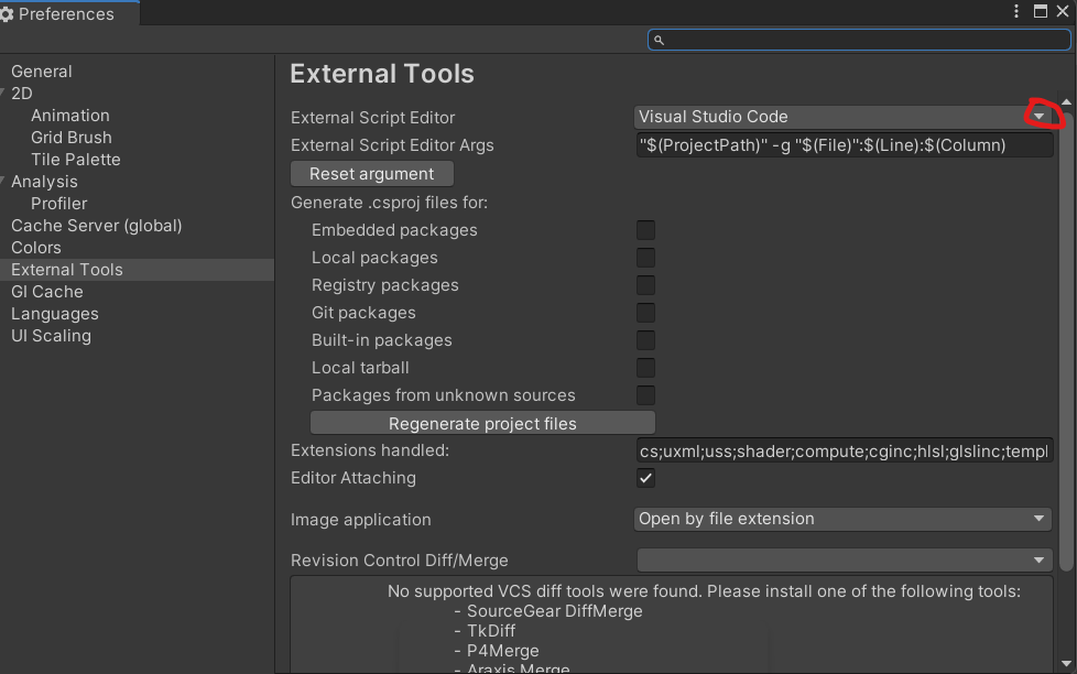 External Script Editor selection in Unity Preferences
