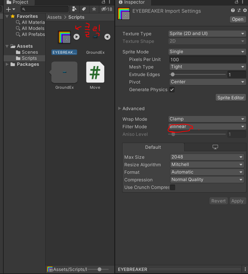 EYEBREAKER sprite import settings