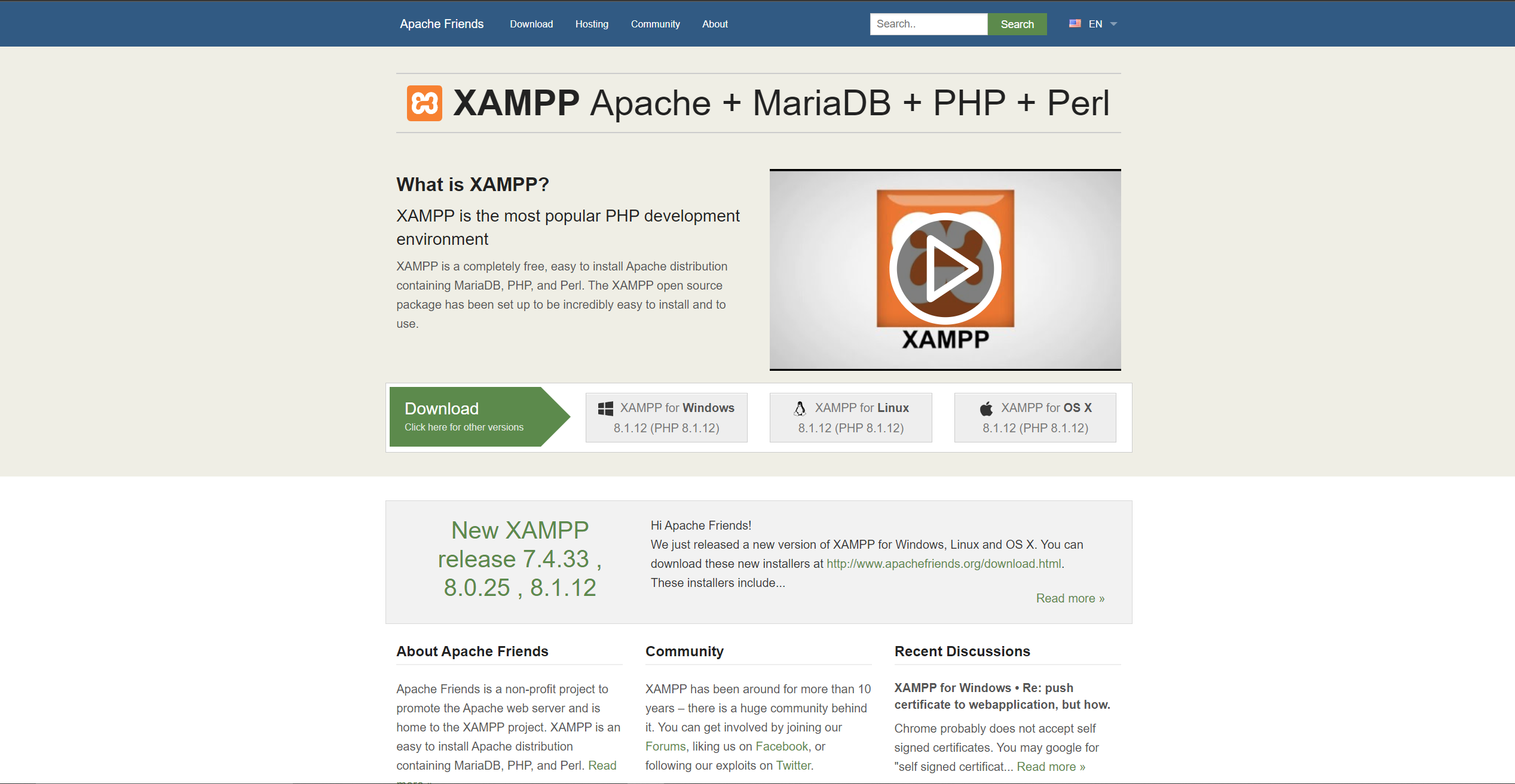 Apache Friends website with XAMPP download options