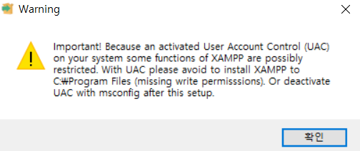 XAMPP warning about User Account Control and installation under Program Files