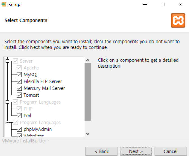 XAMPP component selection screen