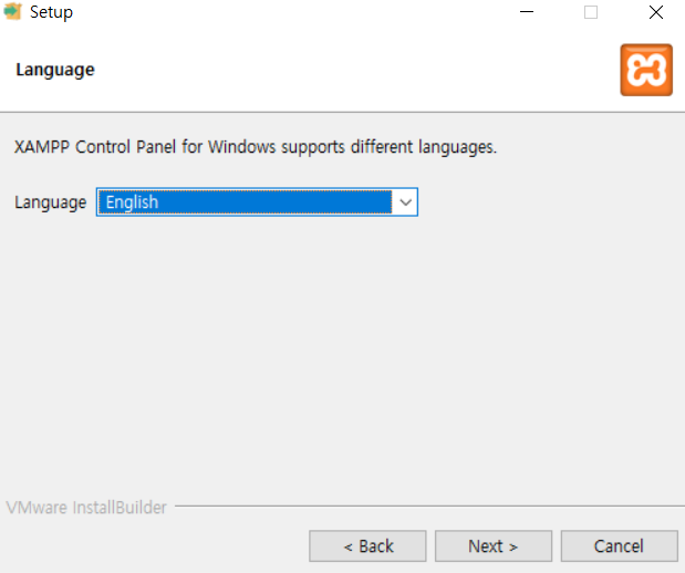 English selected as the XAMPP installer language